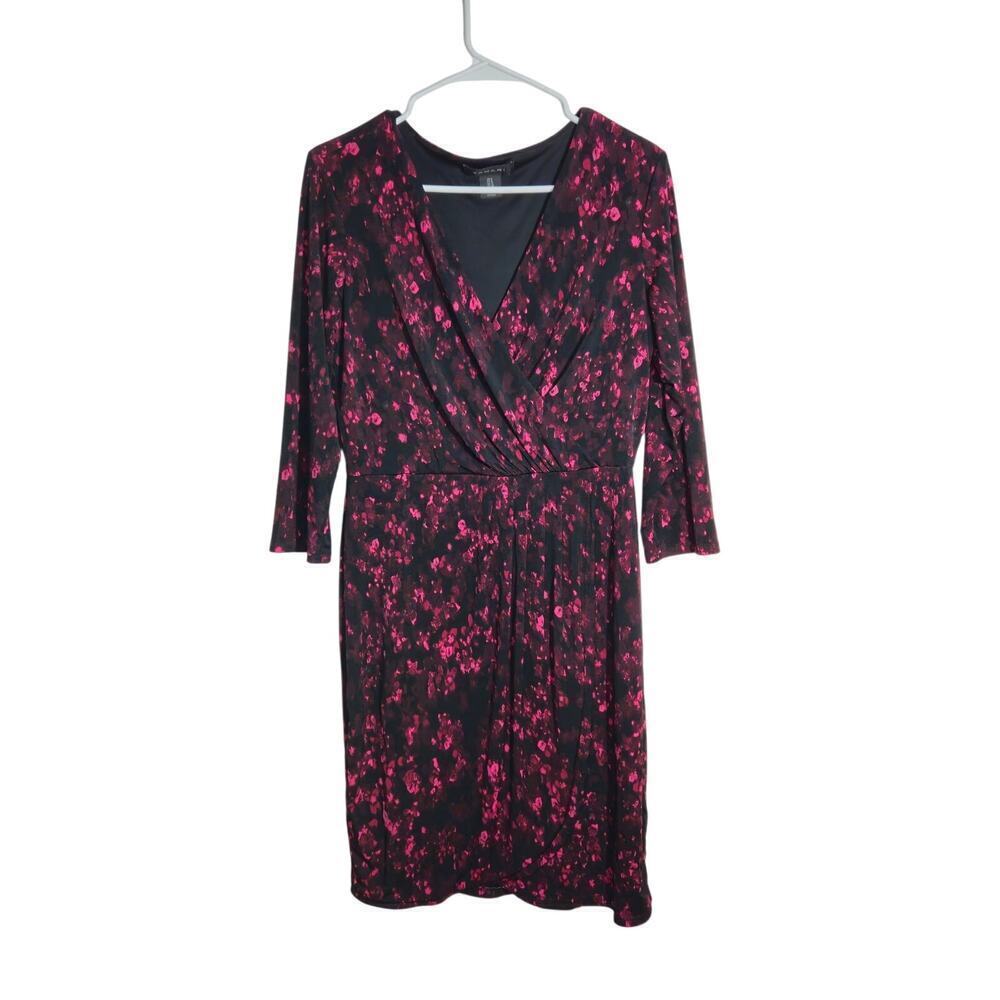 Tahari Black Red V-Neck Faux Wrap Dress 3/4 Sleeve Size 8 Medium Knee Length